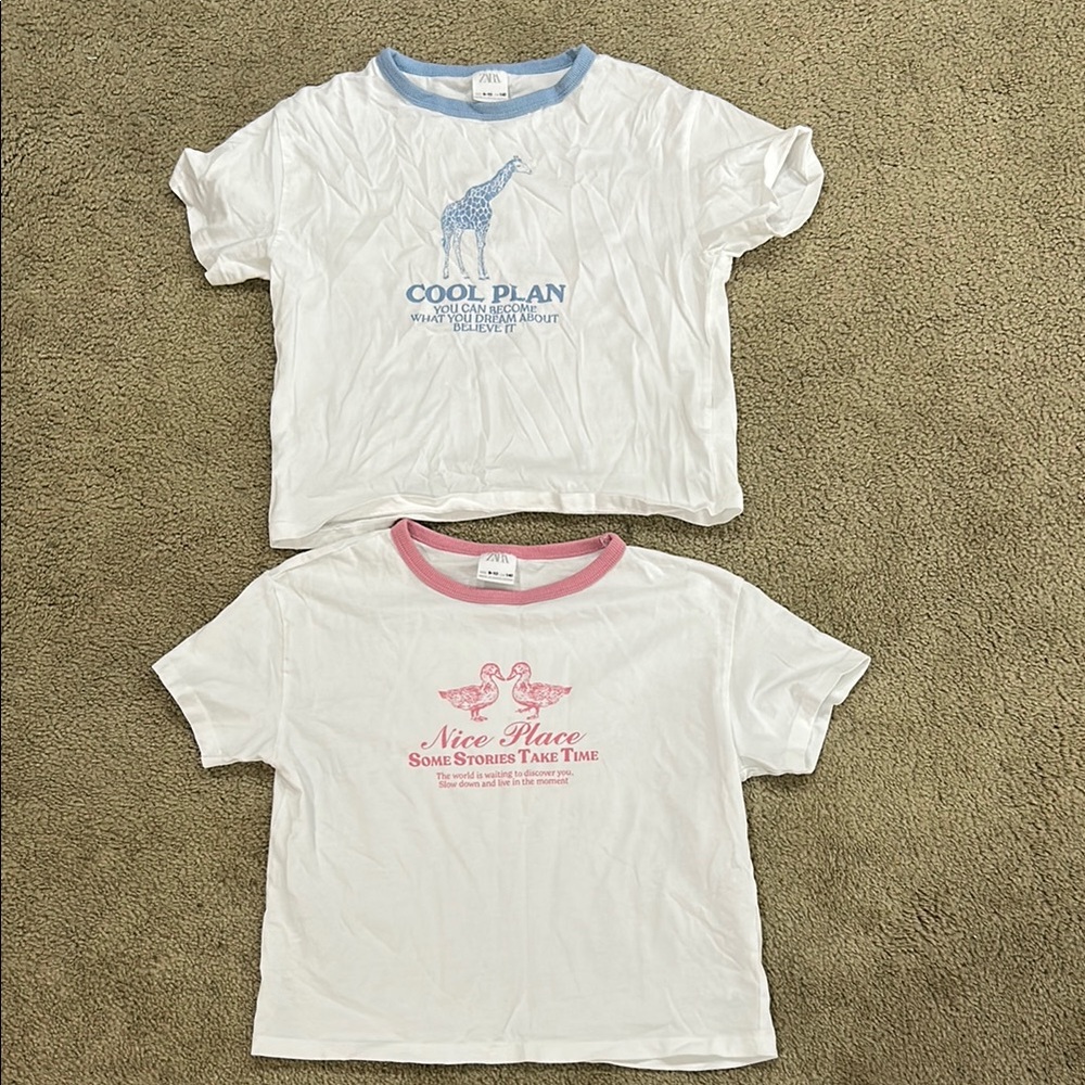 White Graphic T-Shirts with Blue and Pink Accents